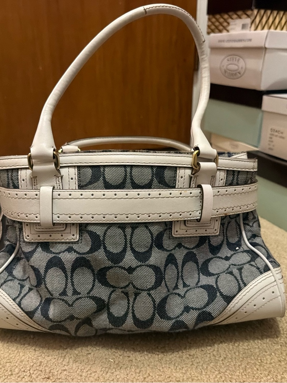 Coach Signature Denim Shoulder Bag with White Leather Trim - Picture 3 of 5